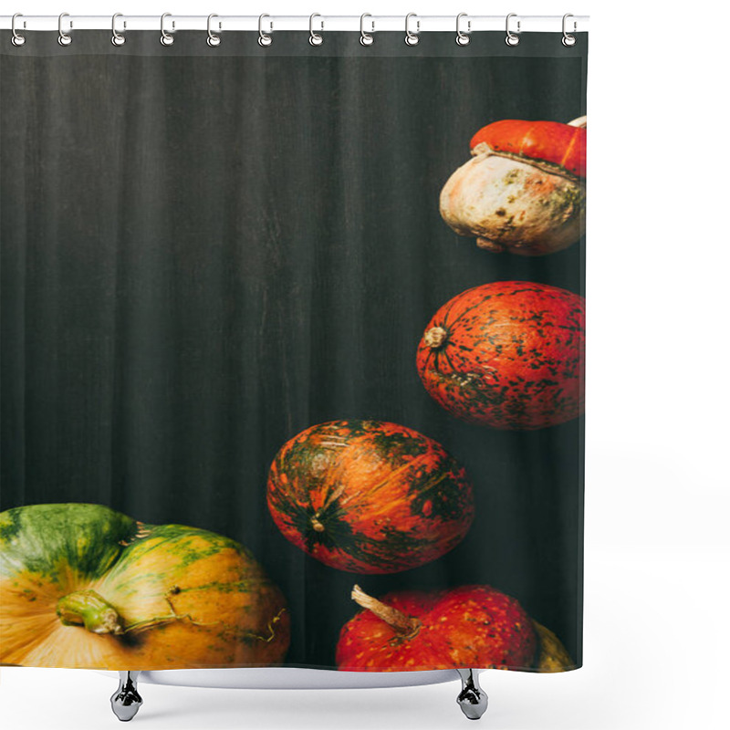 Personality  Top View Of Autumnal Pumpkins On Dark Background With Copy Space Shower Curtains