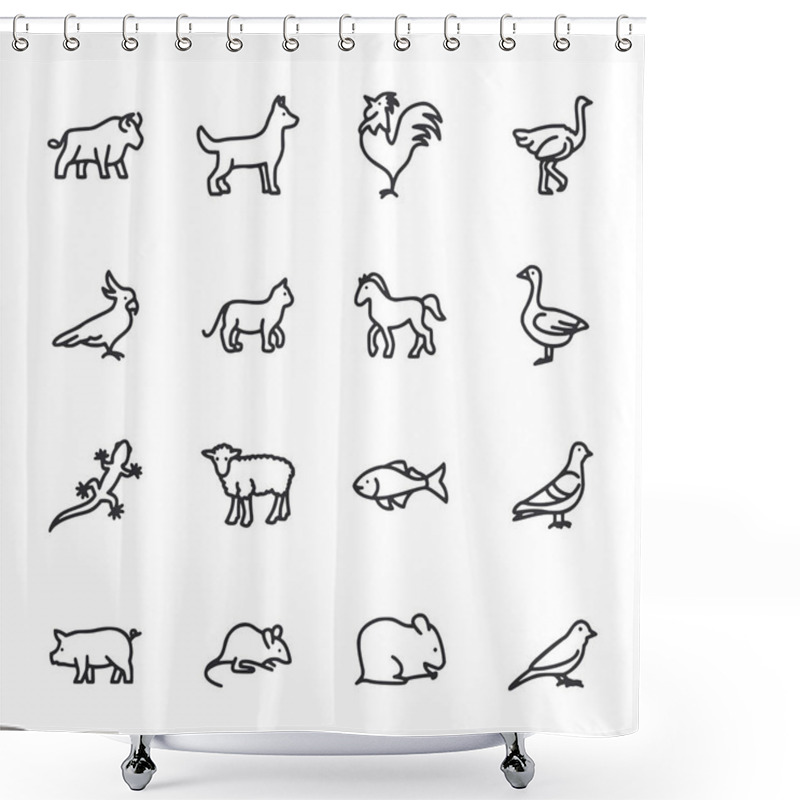 Personality  A Set Of Animal Icons In Black And White. The Icons Include A Chicken, A Dog, A Cat, A Horse, A Cow, A Pig, A Bird, A Fish, A Mouse, A Rat, A Snake, A Frog Shower Curtains