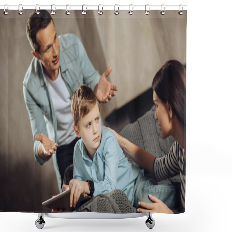 Personality  Pre-teen Boy Glaring At Parents Interrupting His Game Shower Curtains