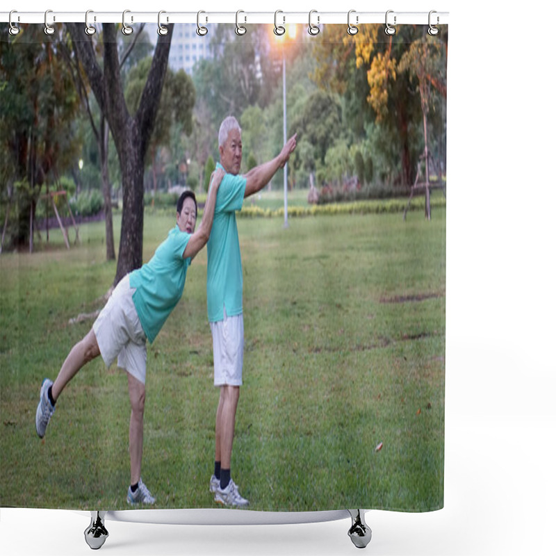 Personality  Asian Senior Couple Happy And Enjoy Life Style Exercising In The Park Shower Curtains