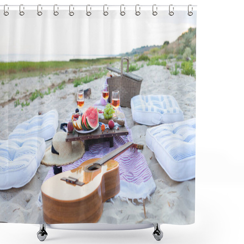 Personality  Picnic On The Beach At Sunset In The Style Of Boho, Food And Dri Shower Curtains