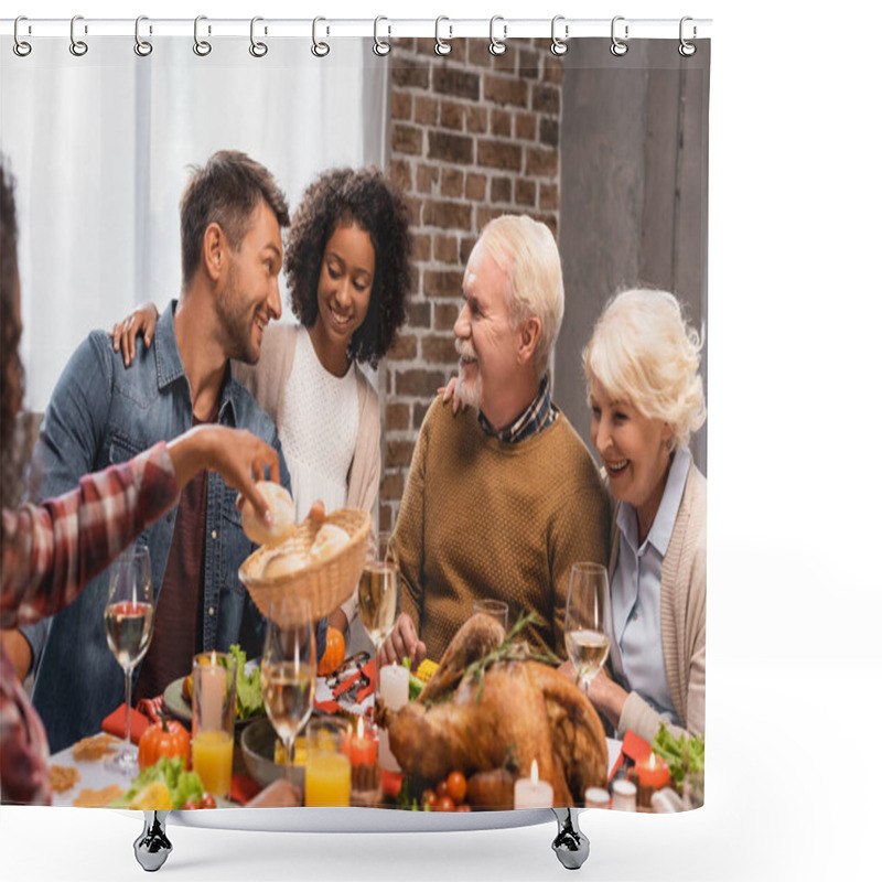 Personality  Selective Focus Of African American Girl Taking Bun Near Joyful Family On Thanksgiving  Shower Curtains