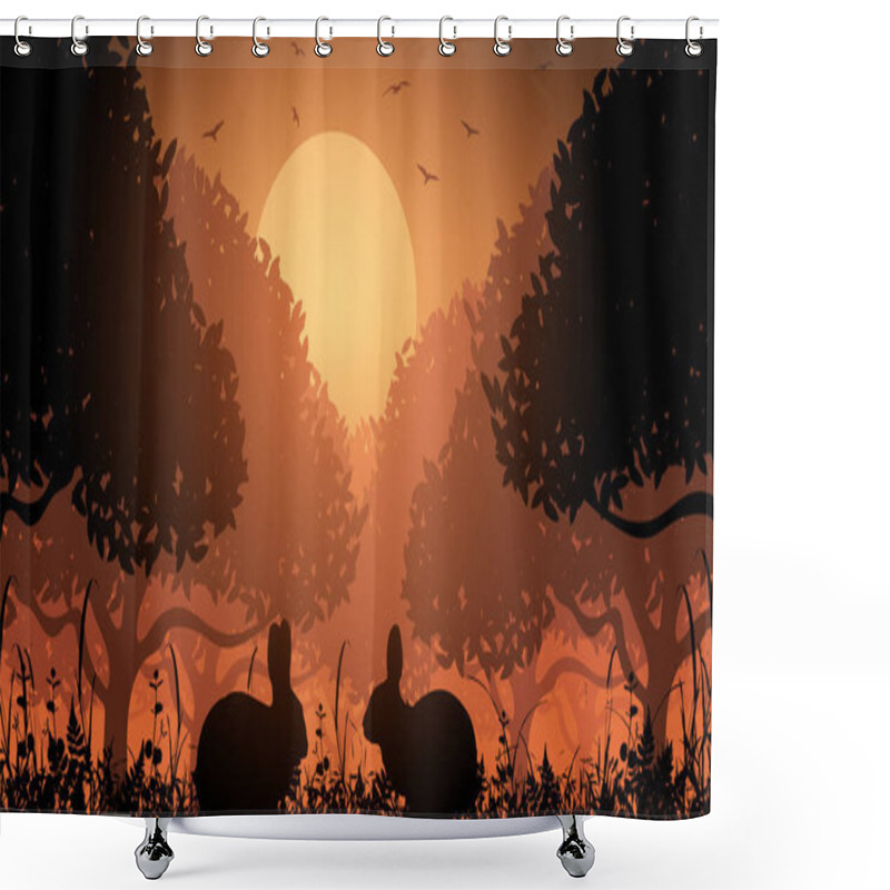 Personality  Vector Silhouette Of Rabbits In Nature At Sunset. Vector Illustration Shower Curtains