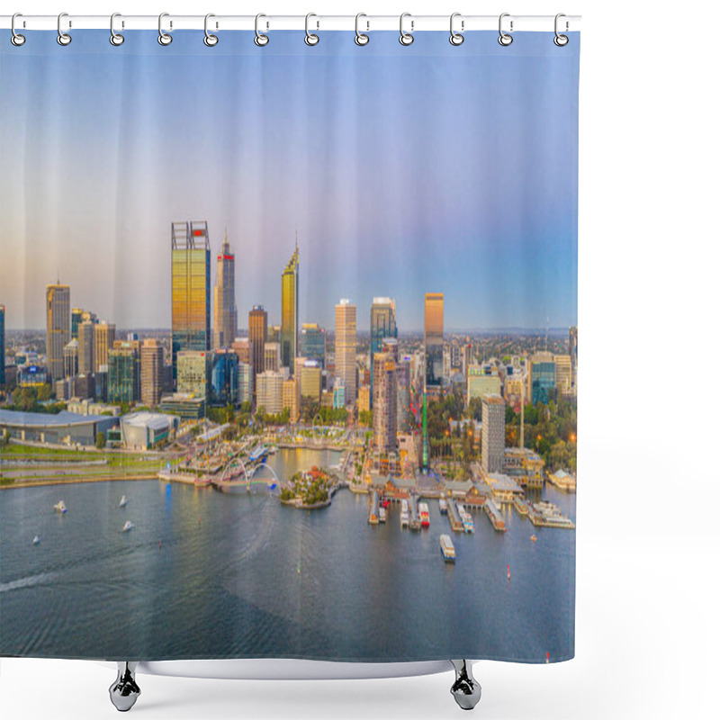 Personality  PERTH, AUSTRALIA, JANUARY 17, 2020: Sunset View Of Skyline Of Elizabeth Quay In Perth, Australia Shower Curtains