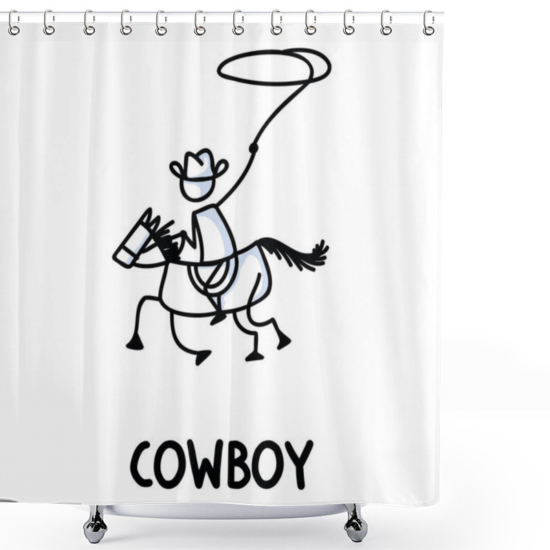 Personality  Black And White Drawn Stick Figure Of Cowboy Horseback Rider Text. Wild Masculine Stallion For Monochrome Folk Icon Sketchnote Or Illustrated Scrapbook Vector Silhouette Motif. Shower Curtains