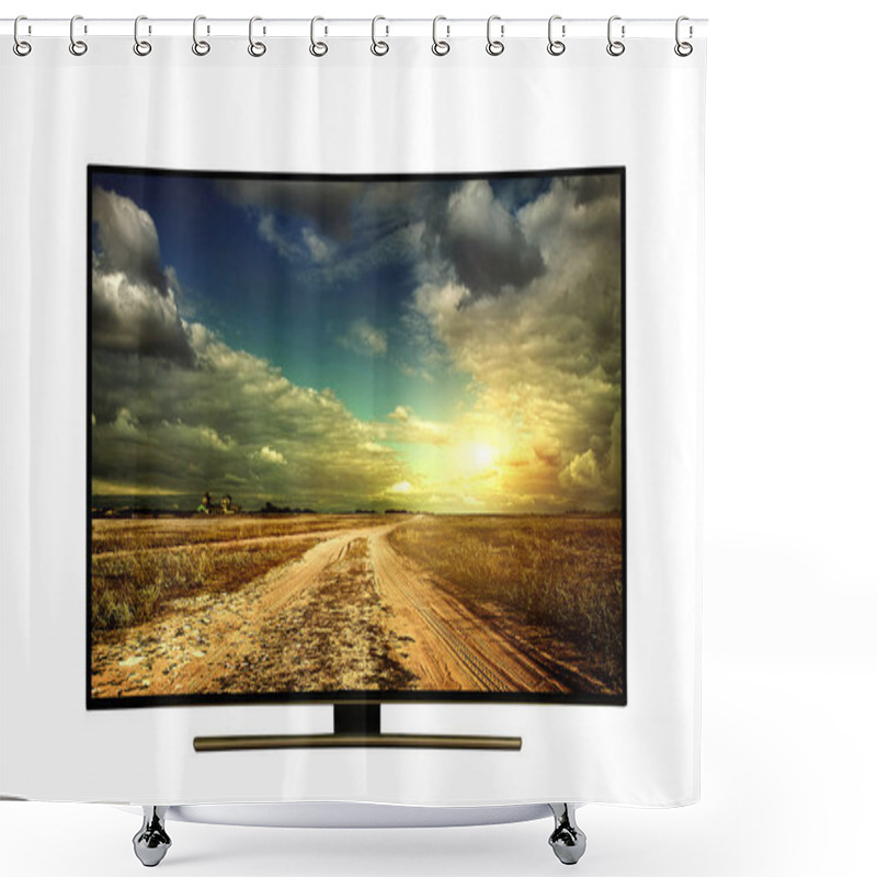 Personality  4k Monitor Isolated On White.  The Road Is Rural, Unpaved In The Steppes At Sunset. Modern, Elegant TV 4 K, With Incredibly Beautiful Colors Of The Image. Shower Curtains