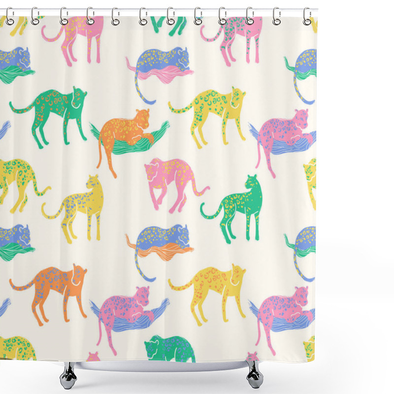 Personality  Colourful Seamless Pattern With Jaguars - Going, Staying, Sleeping Wild Animals In Folk Naive Style. Bright Colors. Shower Curtains