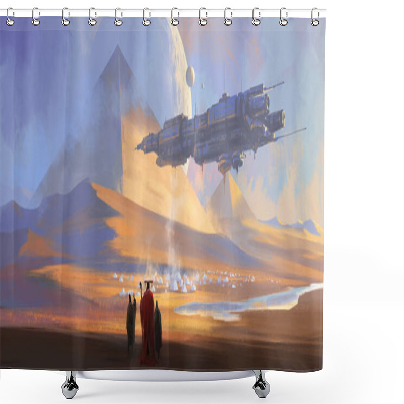 Personality  Hovering Spacecraft On Another Planet, 3D Illustration. Shower Curtains