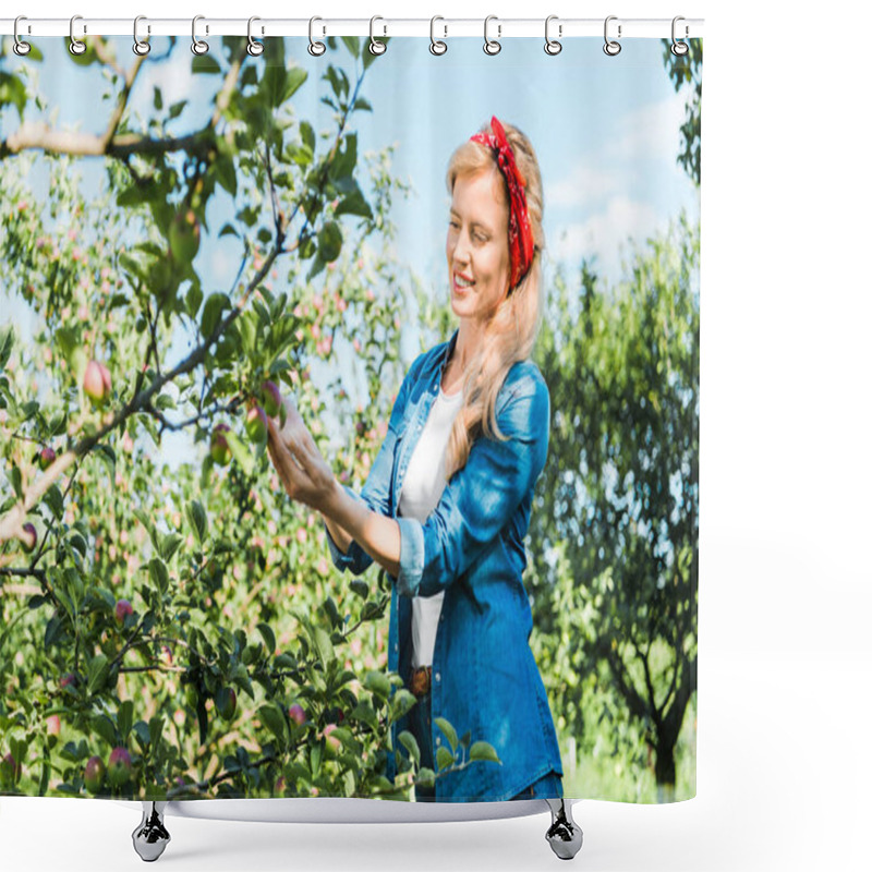 Personality  Beautiful Farmer Touching Apple On Tree In Garden Shower Curtains