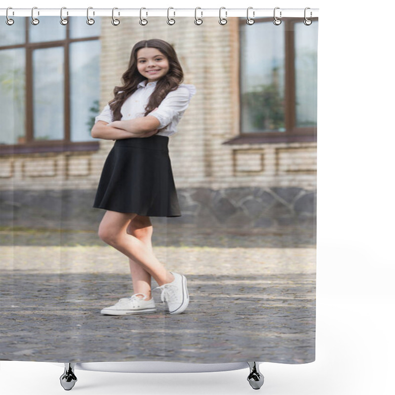 Personality  Style Approved By School. Happy Kid Wear Uniform Outdoors. School Style. Schoolwear. Fashion Dress Code. Learning Style. Back To School Clothes And Outfits. September 1. Education. Knowledge Day Shower Curtains