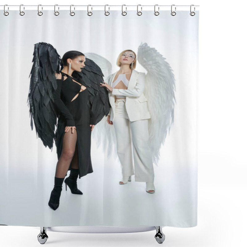 Personality  Women In Halloween Costumes Of Winged Biblical Creatures On White, Angelic Beauty And Demonic Charm Shower Curtains