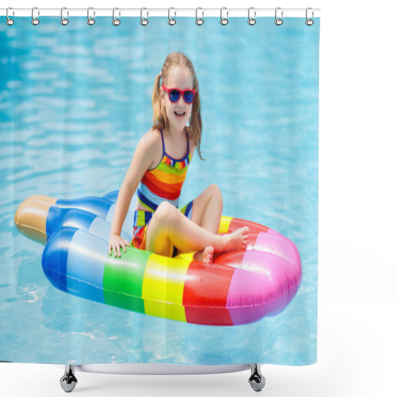 Personality  Happy Child On Inflatable Ice Cream Float In Outdoor Swimming Pool Of Tropical Resort. Summer Vacation With Kids. Swim Aids And Wear For Children. Water Toys. Little Girl Floating On Colorful Raft. Shower Curtains