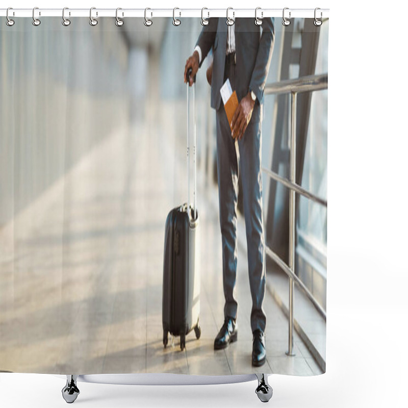 Personality  African American Businessman Wearing Suit Standing At Modern Airport With His Suitcase, Holding Passport And Flight Tickets In His Hand, Cropped, Panorama With Copy Space Shower Curtains