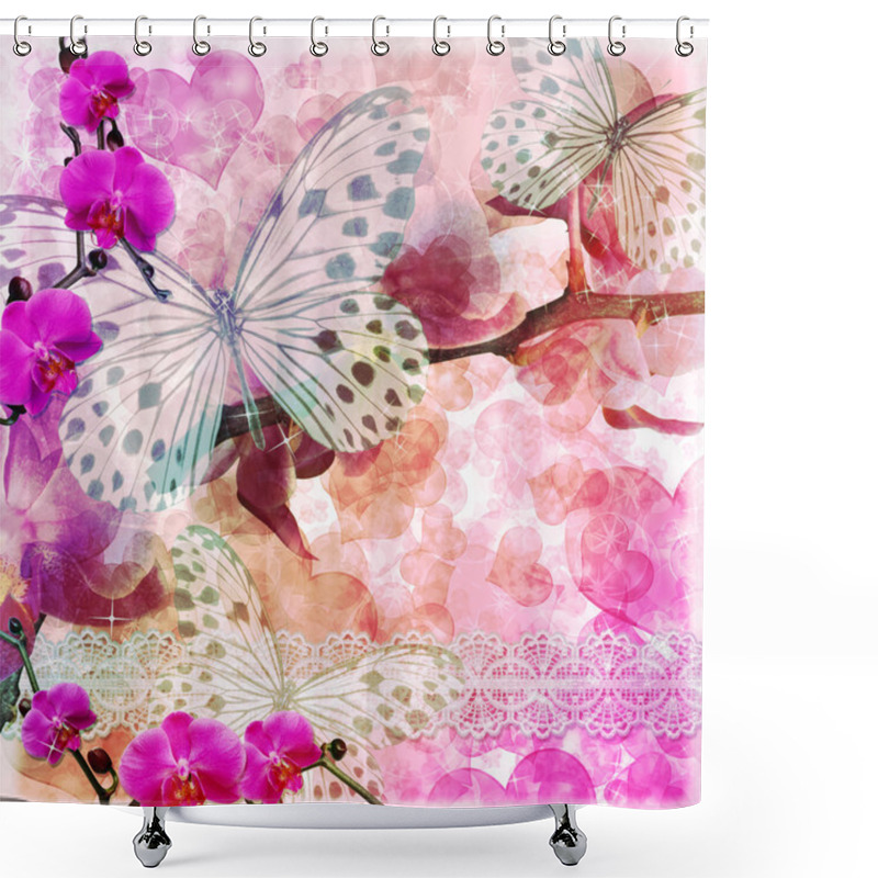 Personality  Butterflies And Orchids Flowers Pink Background With Lace ( 1 Of Set) Shower Curtains