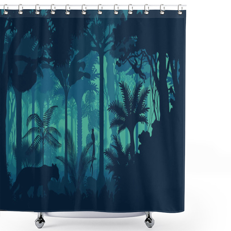 Personality  Vector Evening Tropical Rainforest Jungle Background With Jaguar, Sloth, Monkey And Qetzal Shower Curtains