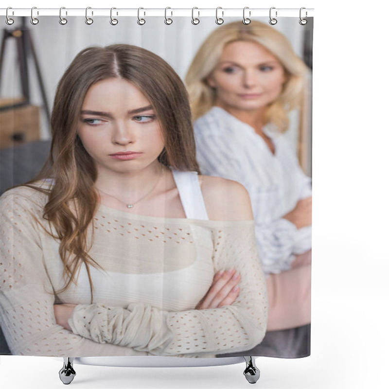 Personality  Selective Focus Of Offended Girl Sitting With Crossed Arms Near Serious Mother Shower Curtains