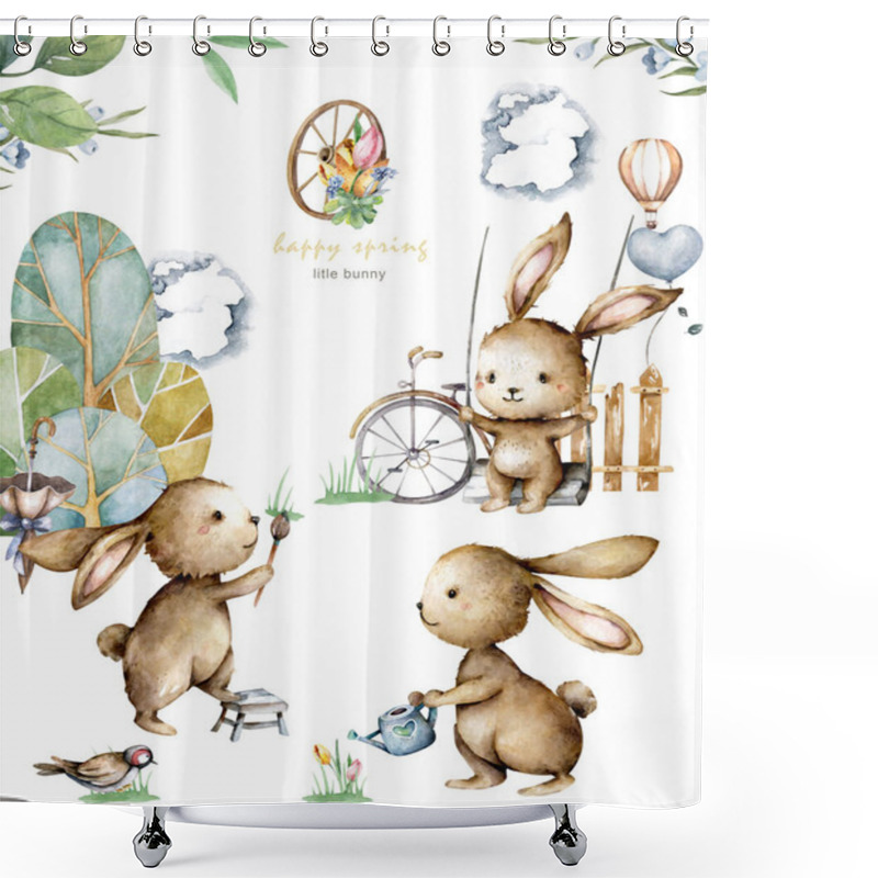 Personality  Easter Cartoon Bunny With Basket Flowers And Sparrow. Hand Drawn Isloated Easter Set White Background Shower Curtains