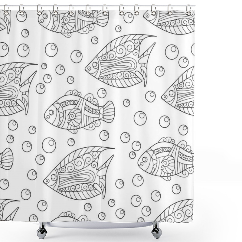 Personality  Coloring Pages For Adult.  Book. Antistress. Seamless Abstract Hand-drawn Ornamental Fish With Babbles Pattern. Zentangle   Background. Doodl Style. Shower Curtains