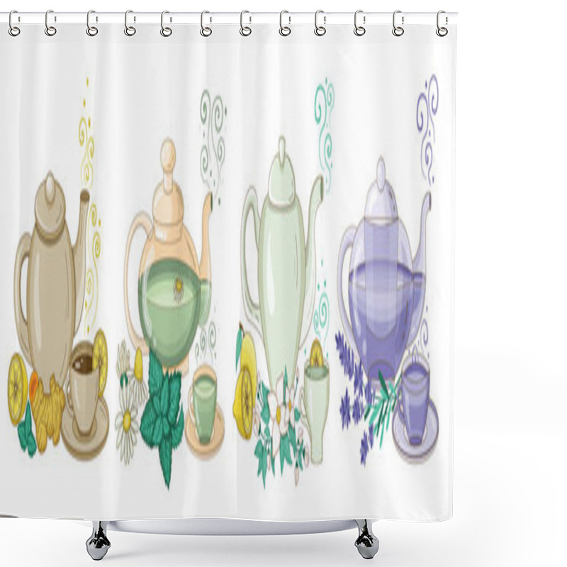 Personality  Organic Herbal Tea In Cups And Teapots Shower Curtains