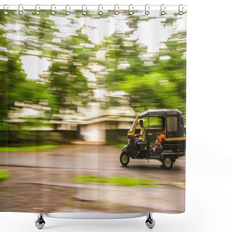 Personality  Auto Rickshaws Are A Popular Mode Of Transportation In India For Last Mile Travel. The Photograph Shows The Panned Shot Of An Auto Speeding Against Trees In The Background In Delhi, India Shower Curtains