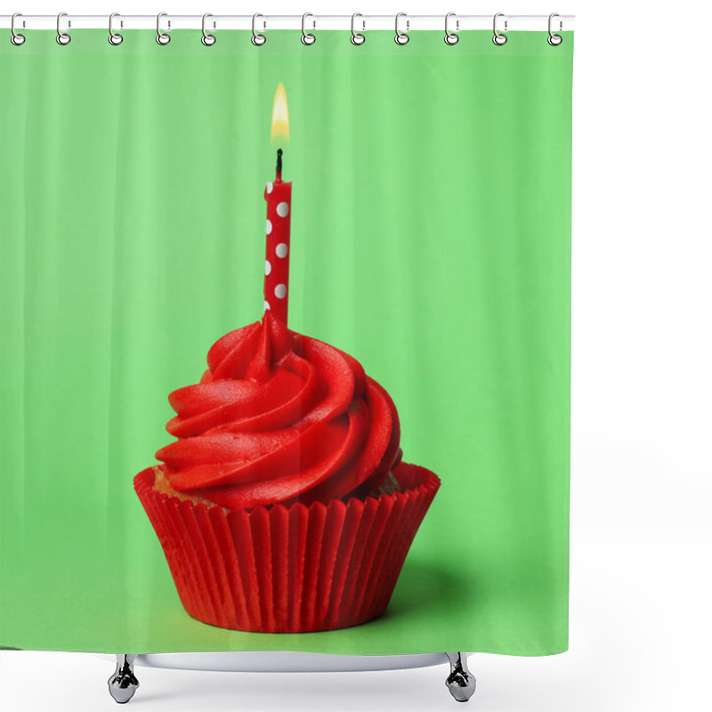 Personality  Delicious Birthday Cupcake With Red Cream And Burning Candle On Green Background Shower Curtains