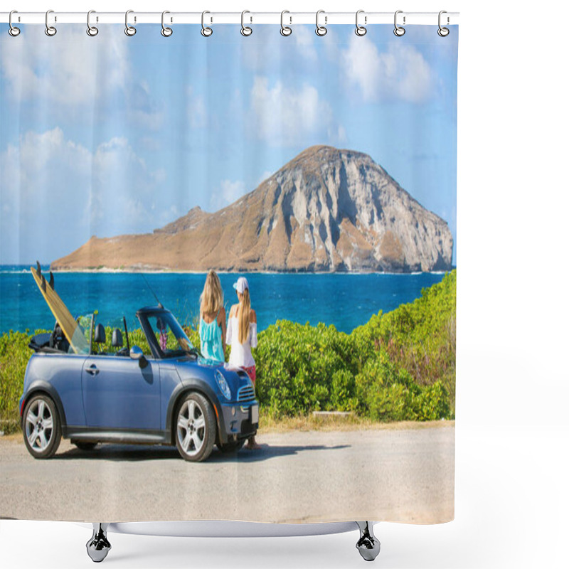 Personality  Friends Laughing Having Fun In Oahu Island, USA Travel Lifestyle. Hawaii Surfers People Lifestyle Happy Living Friends Talking On Beach Relaxing From Surfing With Surfboard Shower Curtains