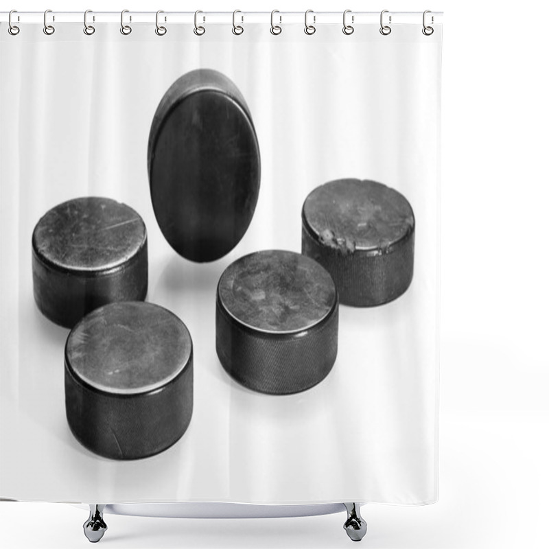 Personality  Hockey Pucks On A White Background Shower Curtains