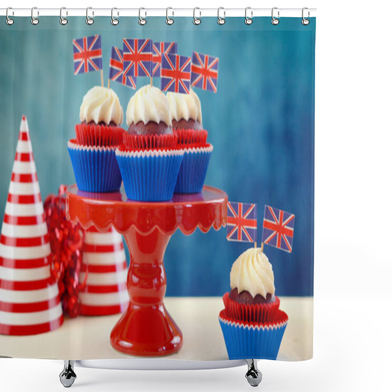 Personality  Red White And Blue Theme Cupcakes And Cake Stand With UK Union Jack Flags Shower Curtains