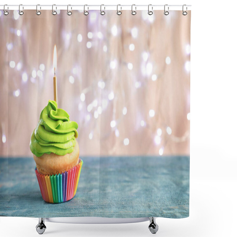 Personality  Birthday Cupcake With Burning Candle On Table Against Blurred Lights Shower Curtains