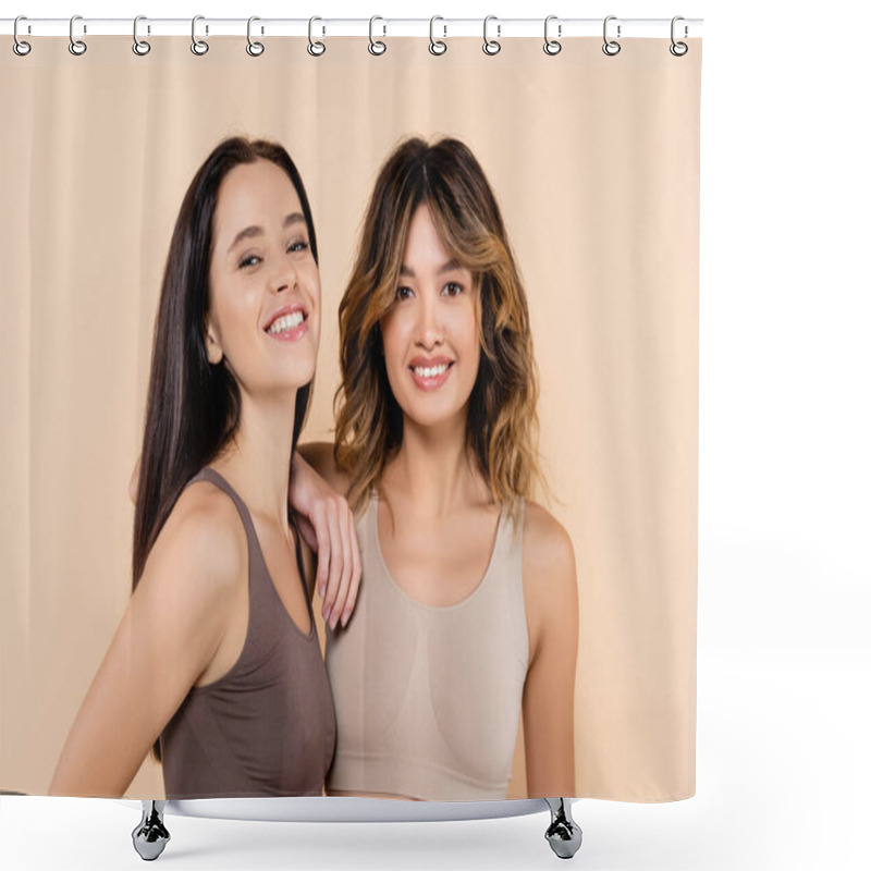 Personality  Cheerful Interracial Women With Perfect Skin Smiling At Camera Isolated On Beige Shower Curtains