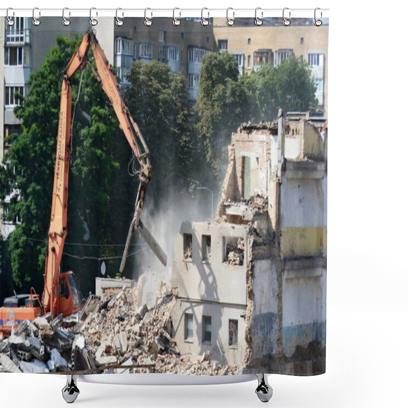 Personality  BUCHA, UKRAINE - JUNE 16, 2022: Construction Equipment Dismantles The Load-bearing Structures Of The Destroyed Building, Which Was Destroyed By A Russian Missile. Russia Continues Military Invasion Of Ukraine Shower Curtains