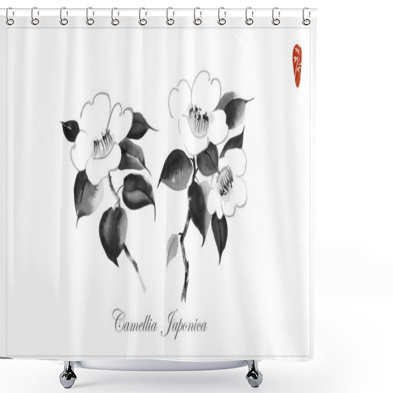 Personality  White Camelia Flowers On White Background. Traditional Japanese Ink Wash Painting Sumi-e Shower Curtains