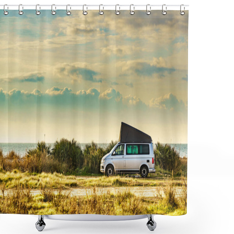 Personality  Van Car Equipped With Camping Gear Roof Tent Camping On Beach Shower Curtains