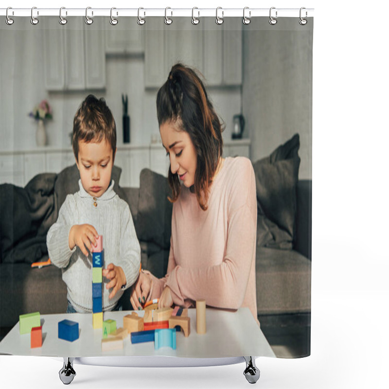 Personality  Focused Little Kid And His Mother Playing Blocks Wood Tower Game At Home Shower Curtains