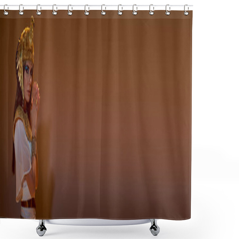 Personality  Brunette Woman In Egyptian Headdress And Attire Looking At Camera On Brown Background, Banner Shower Curtains