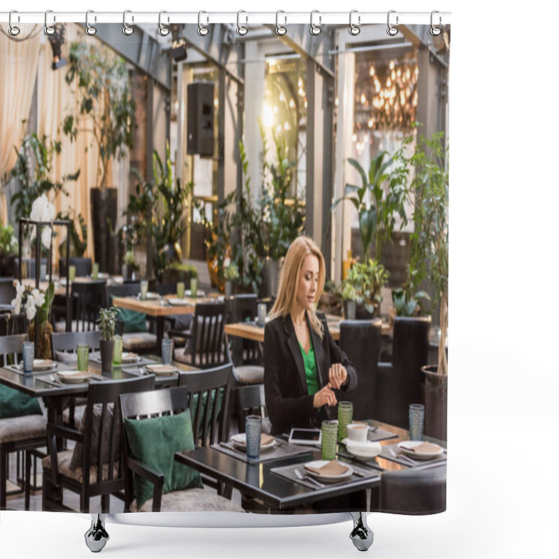 Personality  Beautiful Woman Sitting At Table And Checking Time In Cafe Shower Curtains