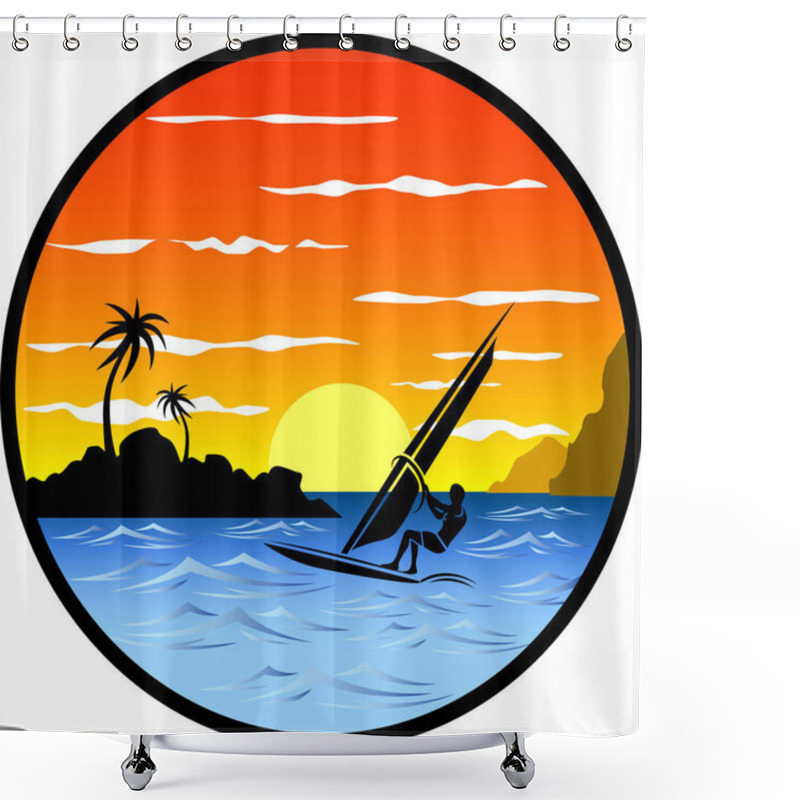 Personality  Windsurfer In The Background Of A Sea Landscape With Blue Sea, Waves, Stones, Mountains, Palms And Cloudy Sky Shower Curtains