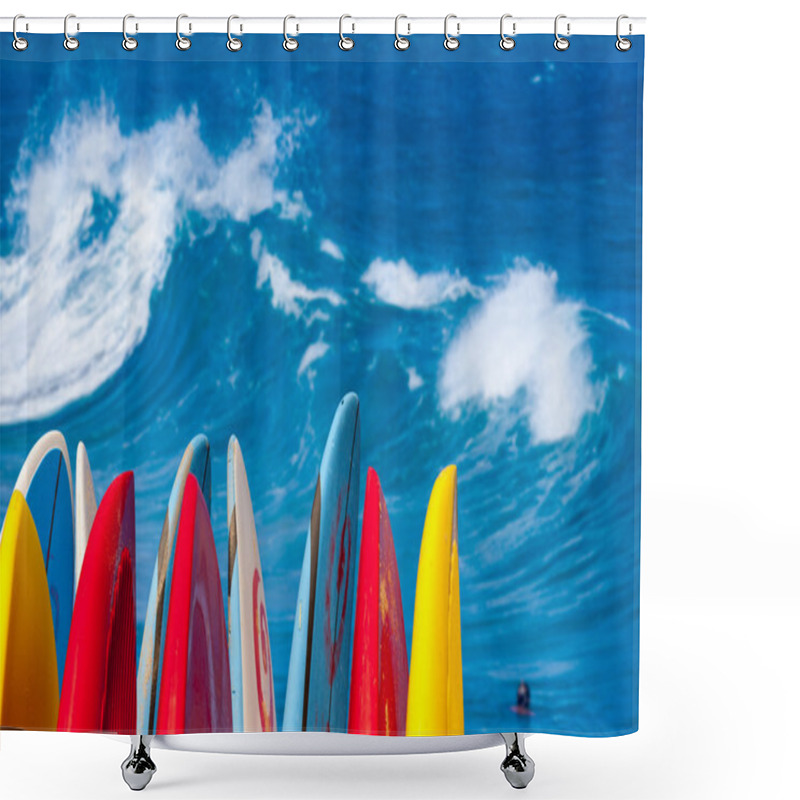 Personality  Powerful Waves Break At Lumahai Beach, Kauai With Surfboards Shower Curtains