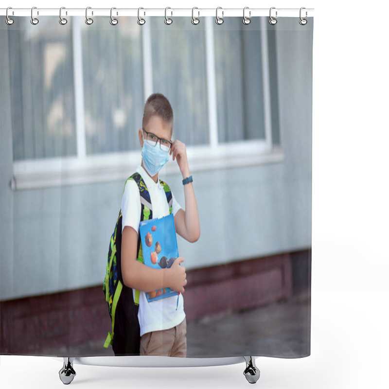 Personality  Back To School. Boy Wearing Mask And Backpacks Protect And Safety From Coronavirus. Child Going School After Pandemic Over. Standing Near School. Students Are Ready For New Year. Shower Curtains