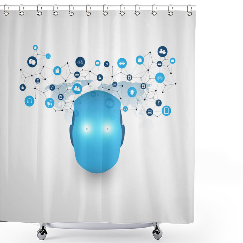 Personality  Machine Learning, Artificial Intelligence And Networks Design Concept With Network Mesh And Robot Head  Shower Curtains