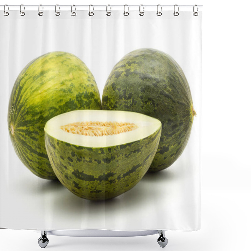 Personality  Two Melons Piel De Sapo With Cross Section Half (Santa Claus Christmas Variety) Isolated On White Background Green Striped Outer Rin Shower Curtains