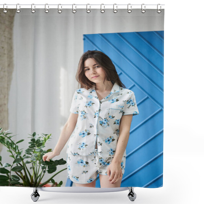 Personality  Young Pretty Slim Brunette Woman, Wearing White Pajamas With Light Blue Flowers Pattern, Posing For Picture In Front Of Blue Wall And Green Plant In Flowerpot. Sleepwear Design. Cute Girl In The Morning. Shower Curtains