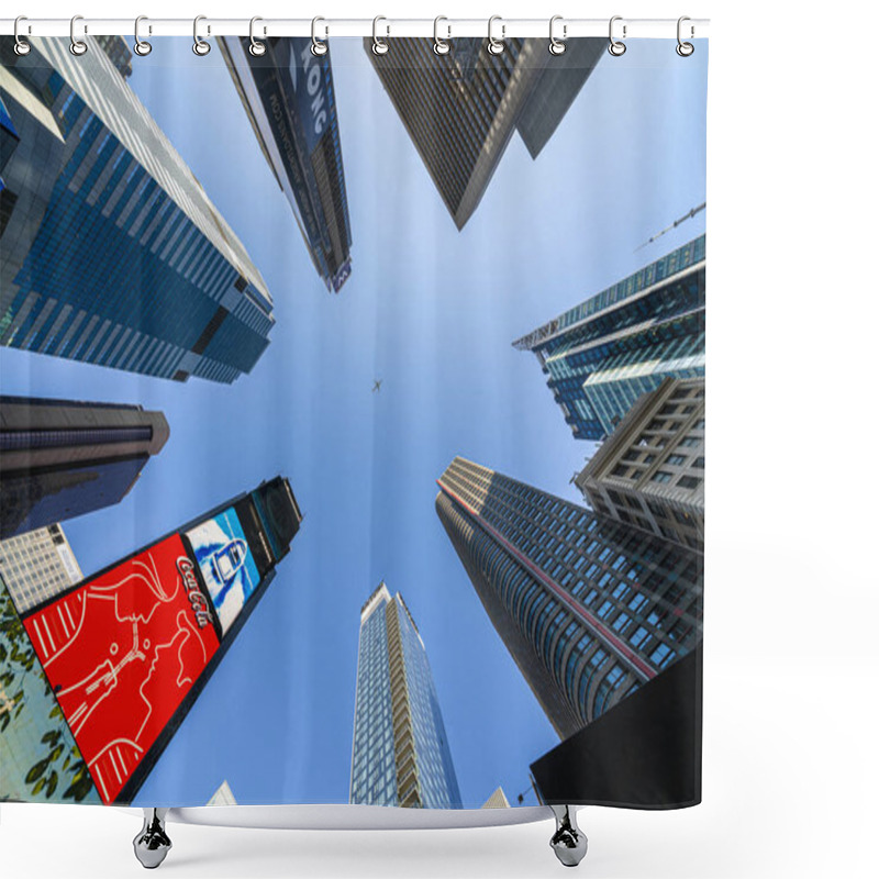 Personality  New York, USA - APR 2019 : Uprisen Angle Of Various Building Around The New York's Time Square On April 3, 2019, New York, United States,Times Square Is A Major Commercial Intersection Shower Curtains