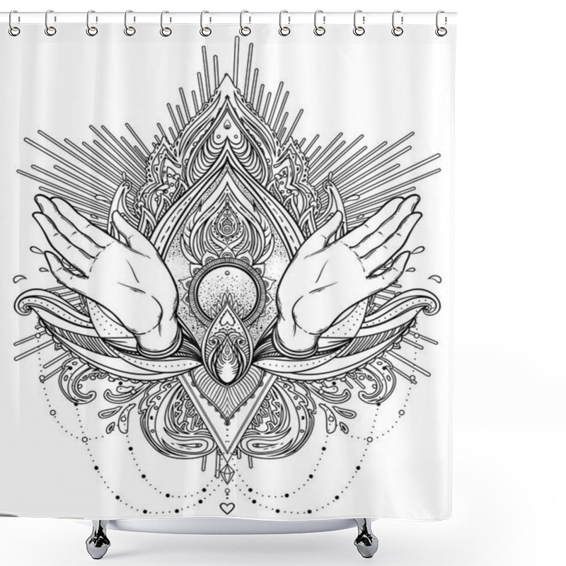 Personality  Vector Ornamental Lotus Flower And Praying Hands, Patterned Indi Shower Curtains