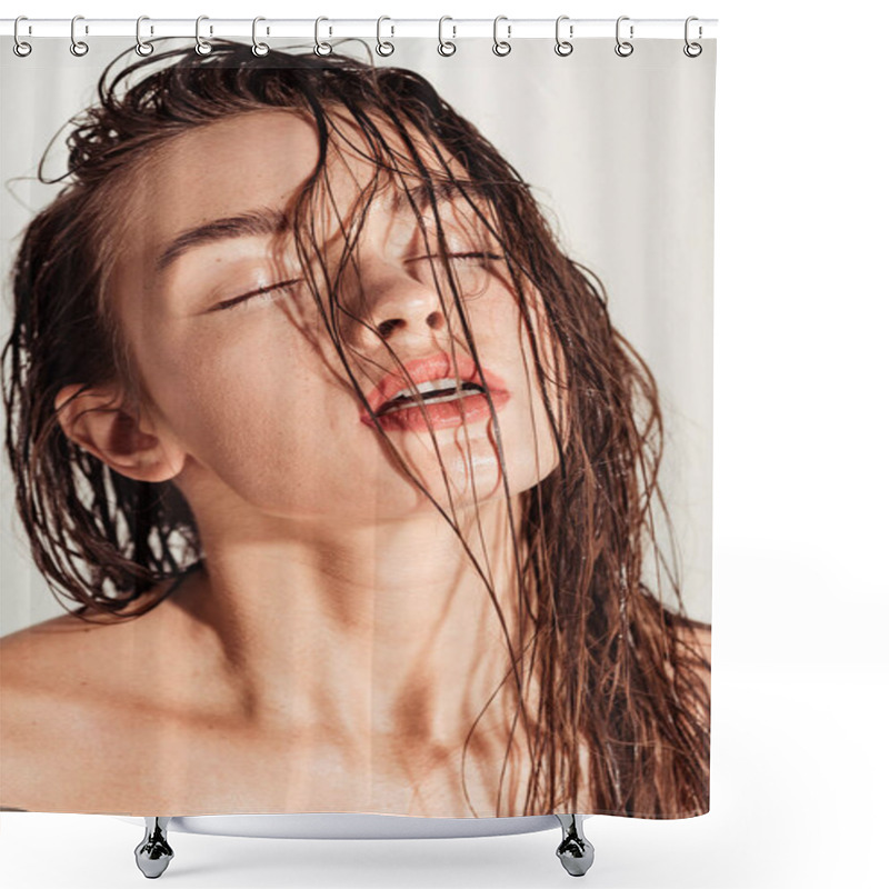 Personality  Beautiful Seductive Young Woman With Coral Lips, Eyes Closed And Wet Hair Posing Isolated On Grey Shower Curtains