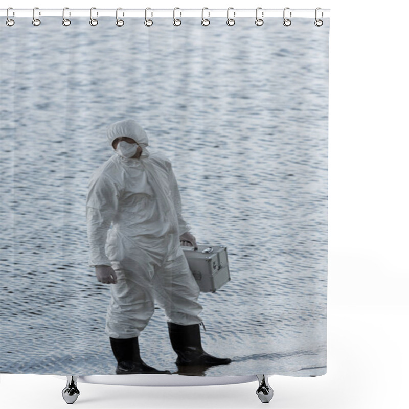 Personality  Full Length View Of Water Inspector In Protective Costume Holding Inspection Kit At River Shower Curtains