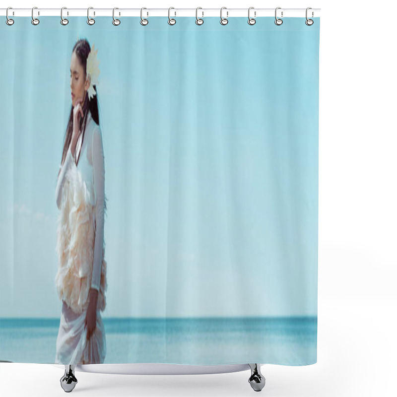 Personality  Panoramic View Of Beautiful Woman In White Swan Costume Standing On River And Sky Background  Shower Curtains