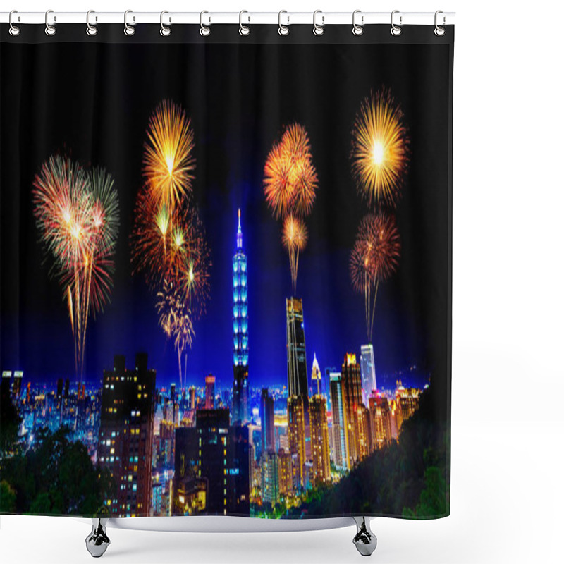 Personality  Fireworks Over Taipei Cityscape At Night, Taiwan Shower Curtains