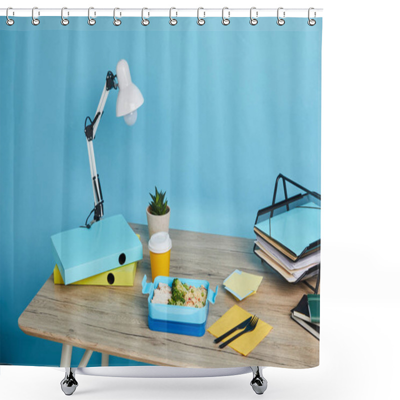 Personality  Workspace With Papers On Table And Lunch Box With Healthy Food On Blue Background Shower Curtains