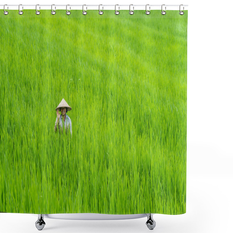 Personality  Balinese Woman Wearing A Hat Working In Jatiluwih Rice Fields, Bali - Indonesia Shower Curtains